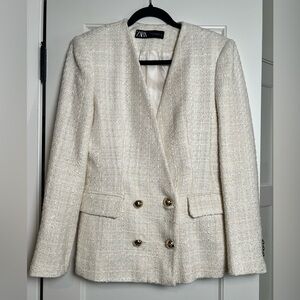 Zara Cream Textured White Double Breasted Blazer (Med)
